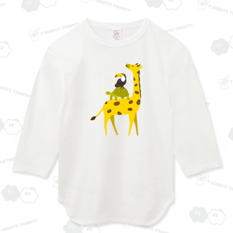 キリンさんに乗るゾウガメくんとオニオオハシくん(文字無し)