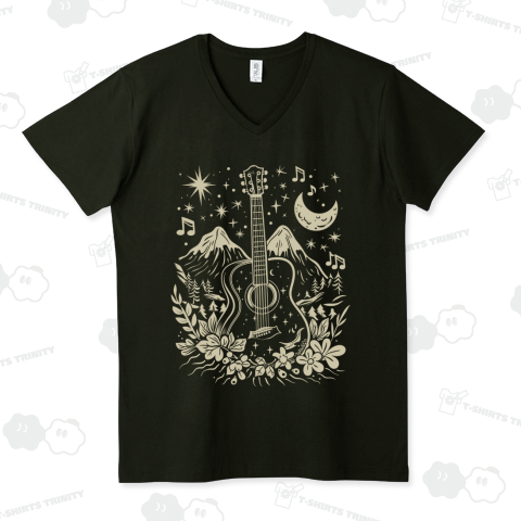 星空の下のアコースティックギターと山々