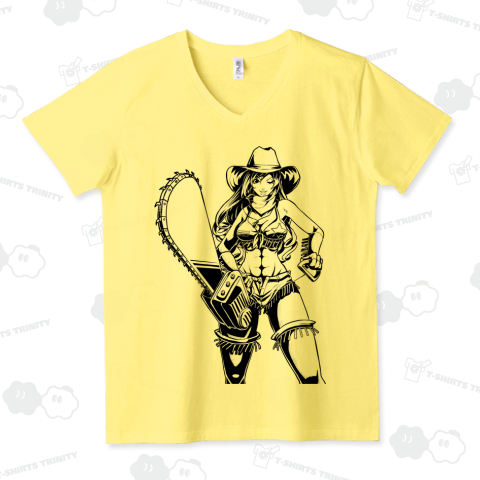 アメリカンコミック(アメコミ)風 セクシーなチェーンソーを持ったカウガール キャラのみ 線画