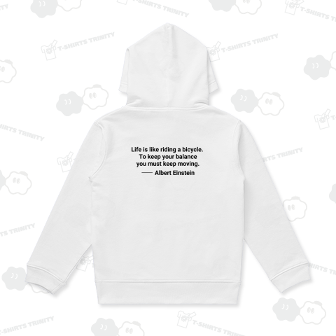 背面【アインシュタイン名言・英文】人生とは自転車のようなものだ。倒れないようにするには走らなければならない。(Life is like riding a bicycle.~)