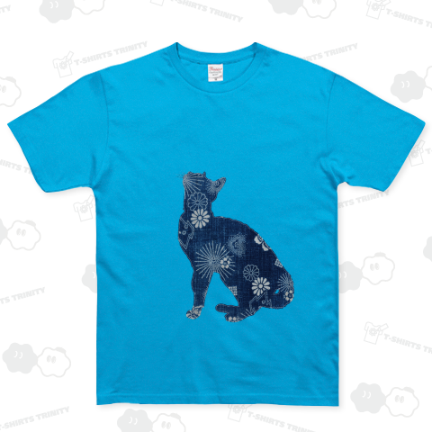 見上げる猫アップリケ(藍染)