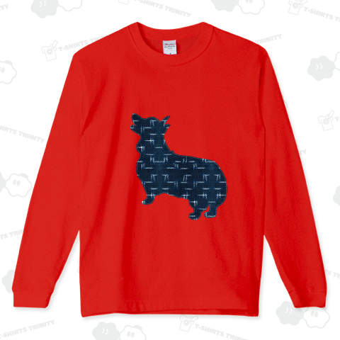 見上げるコーギーアップリケ(絣)