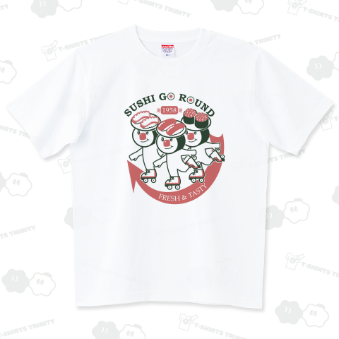 SUSHI GO ROUND 回転寿司 (カスタマイズ可) ハイグレードTシャツ(6.2オンス)