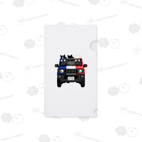 両面プリント:フランスに憧れる3匹の鼻ぺちゃ犬と車(青・白・赤)[v2.3k]