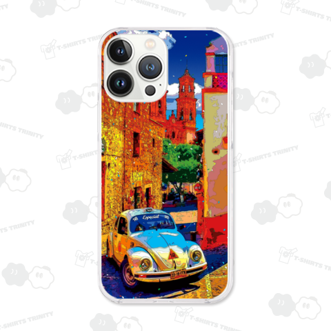 メキシコ タスコの教会塔と白いタクシー