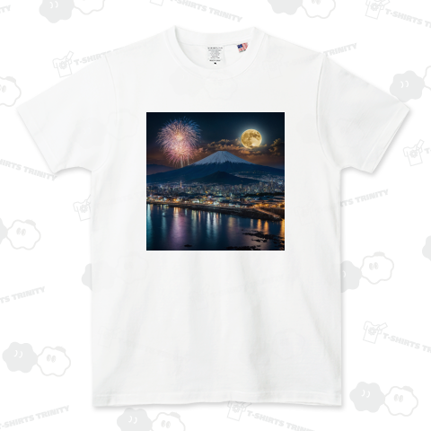 富士山と月と花火