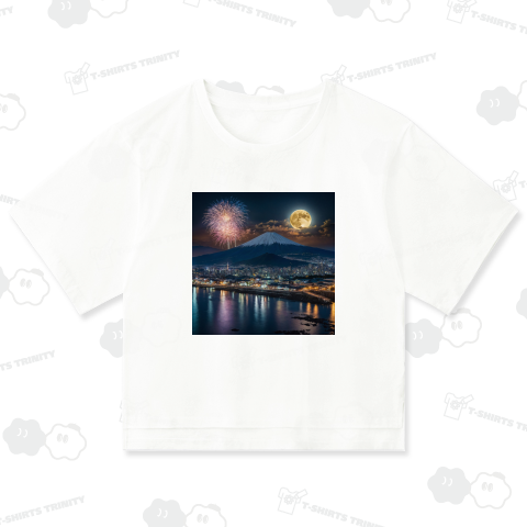 富士山と月と花火