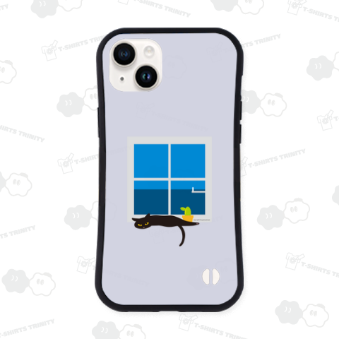 デザインにゃんこシリーズ 窓と黒ネコと水平線とサボテン