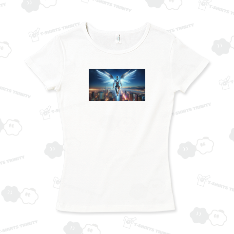 未来都市の夜景を背景に、光の翼を持つロボットが空を飛んでいる様子2