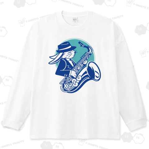 サックス構えるクールなウサギ_白