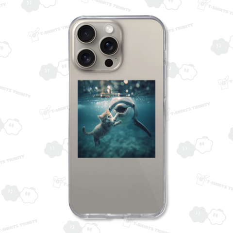 海中でイルカの口にタッチするこにゃんこ