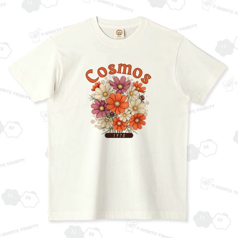 【Cosmos 1970】レトロかわいいコスモス花束Tシャツ|フラワーデザインで魅せるナチュラルスタイル