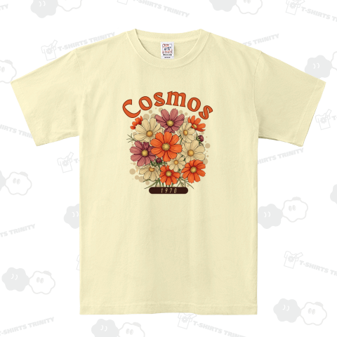 【Cosmos 1970】レトロかわいいコスモス花束Tシャツ|フラワーデザインで魅せるナチュラルスタイル