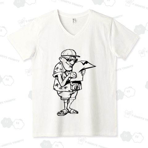 探検隊が宝の地図を見ているモノクロデザイン