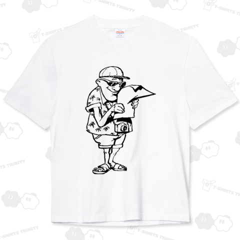 探検隊が宝の地図を見ているモノクロデザイン