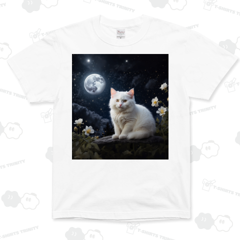 満月と白猫とお花