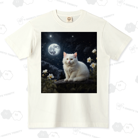 満月と白猫とお花