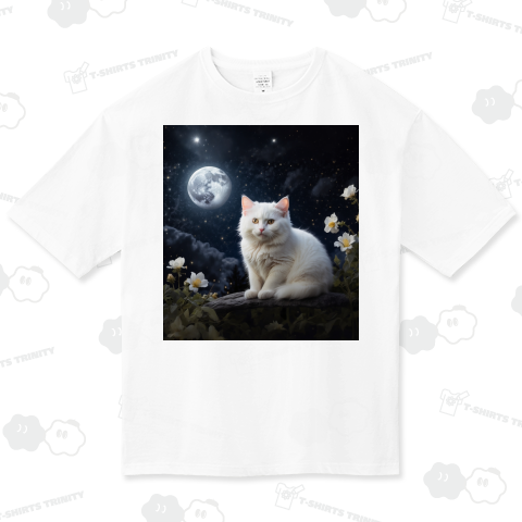 満月と白猫とお花