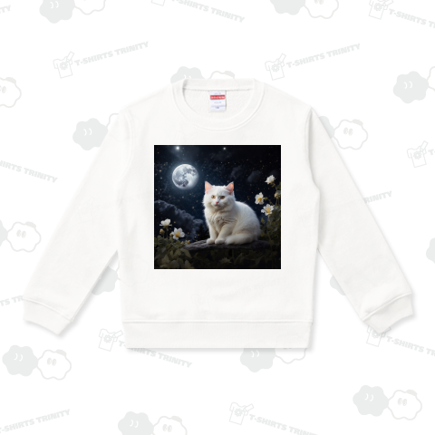 満月と白猫とお花